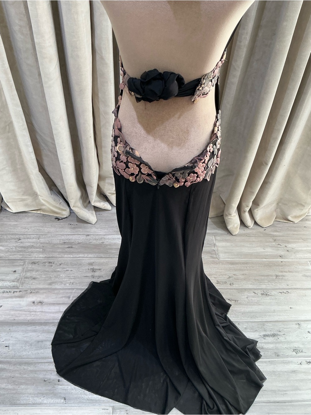 Black Halter Evening Gown with Pink Floral Embroidery - Picture 11 of 15